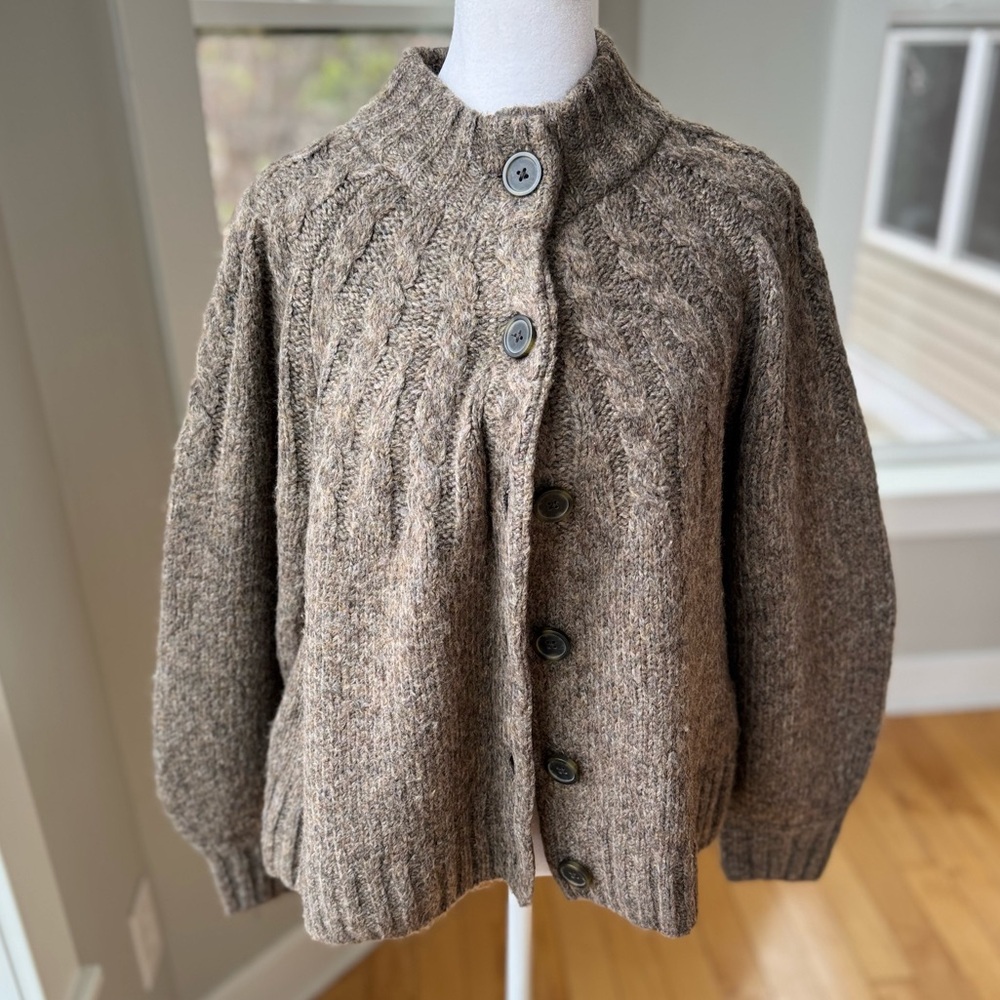 Madewell Harwood Cableknit Mockneck Cardigan Sweater in Heather Otter Sz Small - Picture 15 of 16
